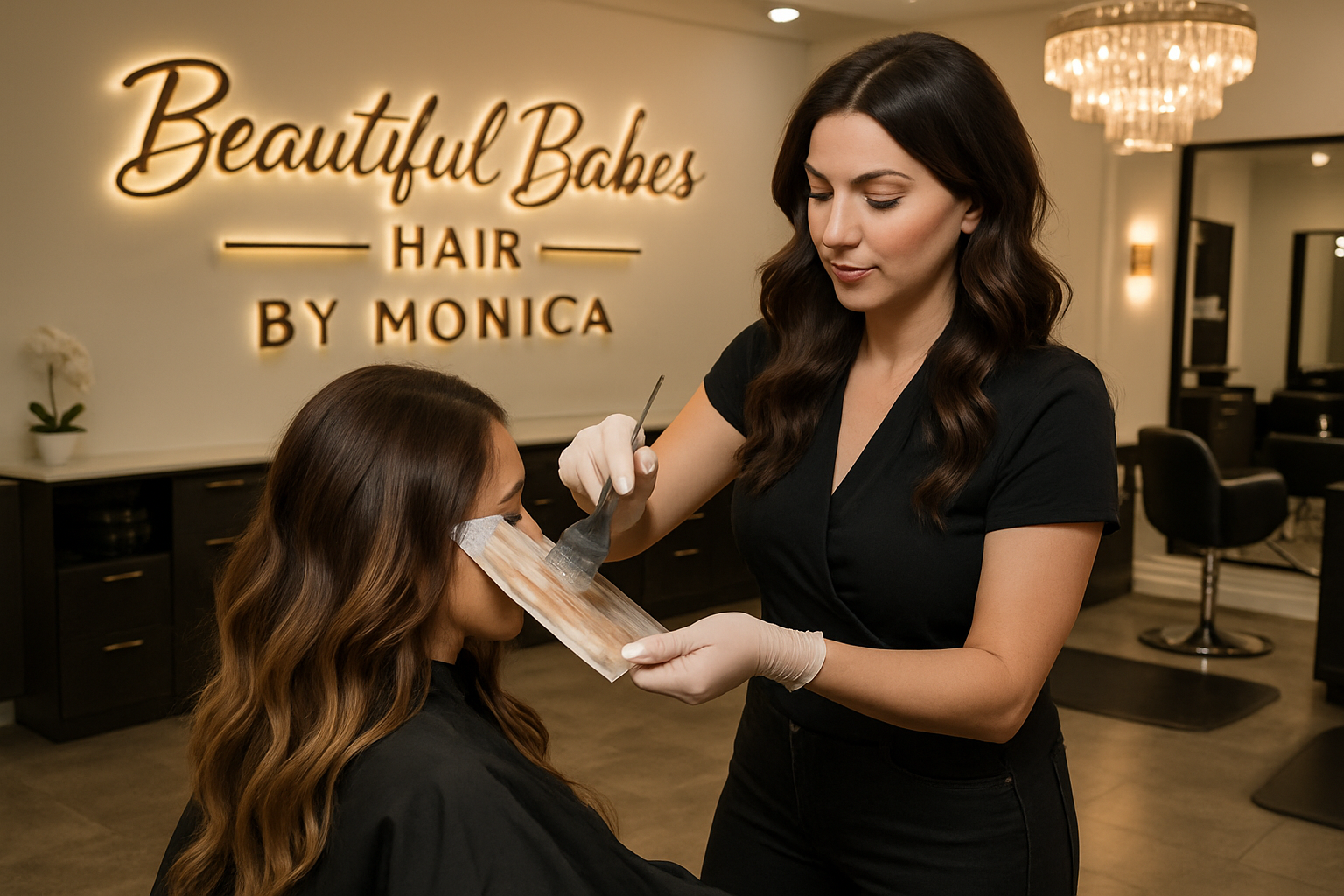 Master stylist performing a custom balayage at Beautiful Babes Hair by Monica a luxury salon near the Galleria Mall