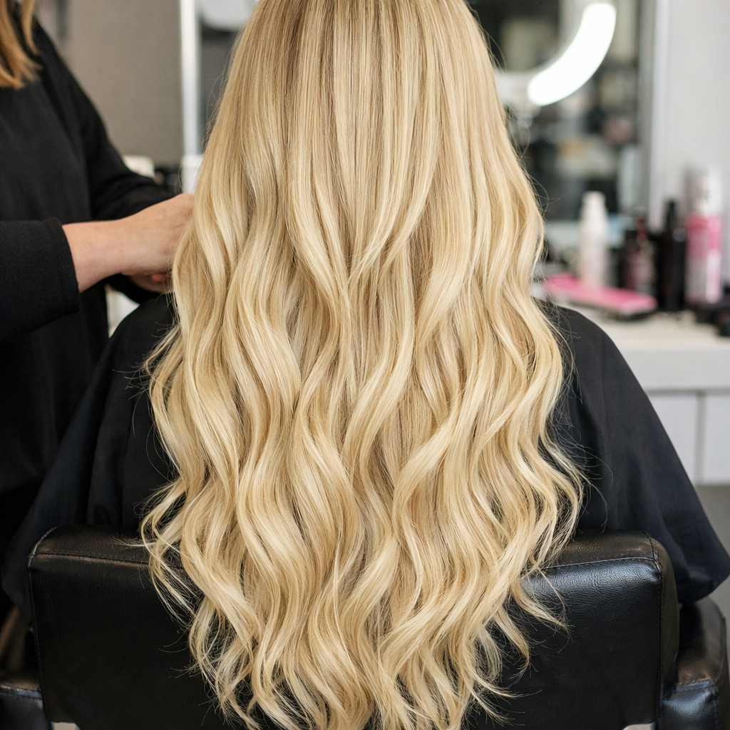 blonde hair extensions on client